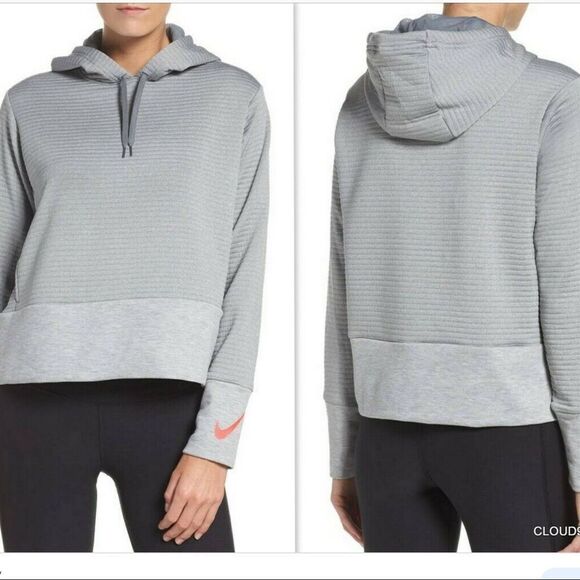 Nike Gray Knit Ribbed Training Sweatshirt Hoodie Pink Swoosh S - Picture 1 of 13